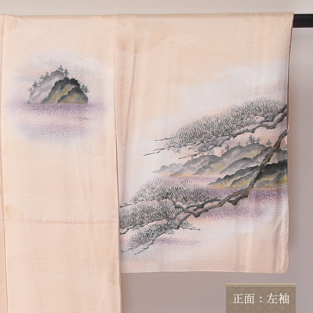 訪問着 袷 身丈155~159cm 裄63cm 正絹 ぼかし 水墨画風 松景色 山水 雄黄色 作家物 スコッチガード クリーム系 画 Bランク 1212-00620