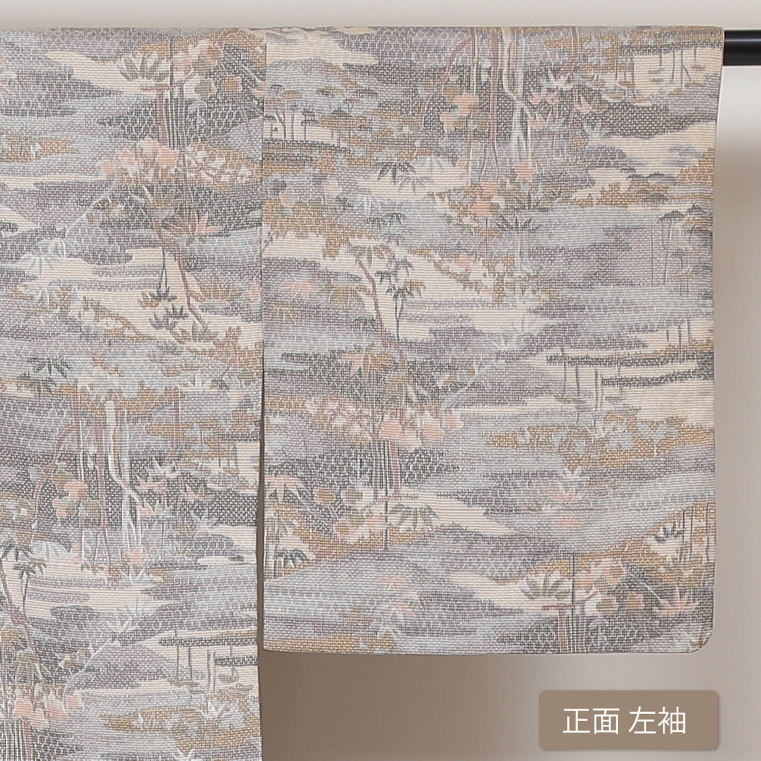 紬 袷 身丈163cm 裄丈63cm 正絹 Sランク カジュアル 広衿 Lサイズ 風景柄 クリーム系 RP 1223-02999