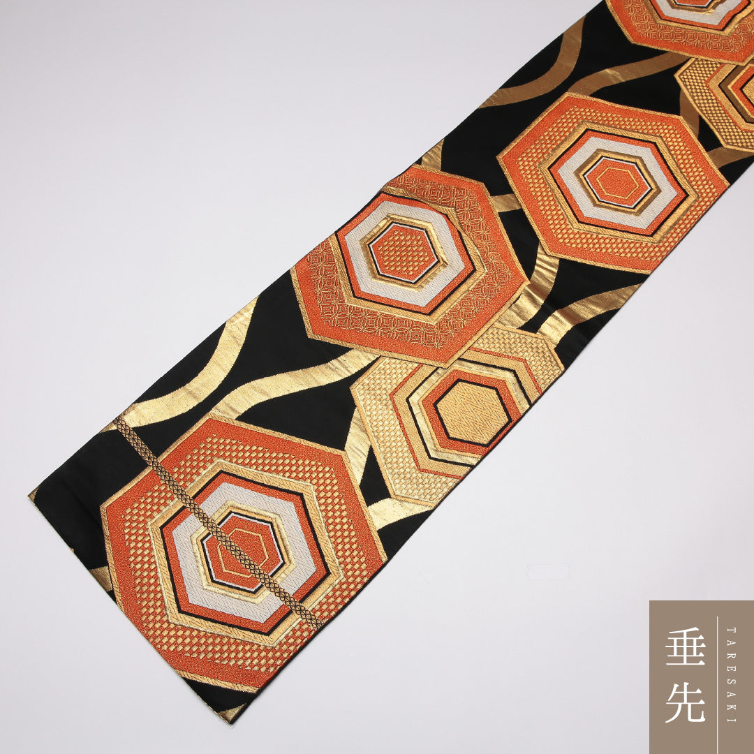 袋帯 帯丈412cm 正絹 六通 フォーマル 立涌 亀甲 引箔 黒系 1243-01166