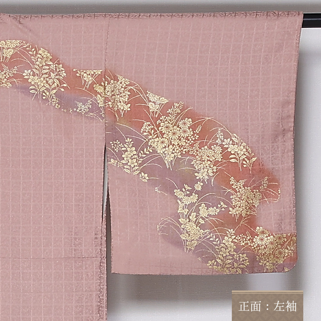 訪問着 袷 身丈161cm 裄丈64cm 正絹 Sランク セミフォーマル 広衿 Lサイズ 金彩 蘇州刺繍 汕頭刺繍 扇 菊 ピンク系 RP 1217-04757