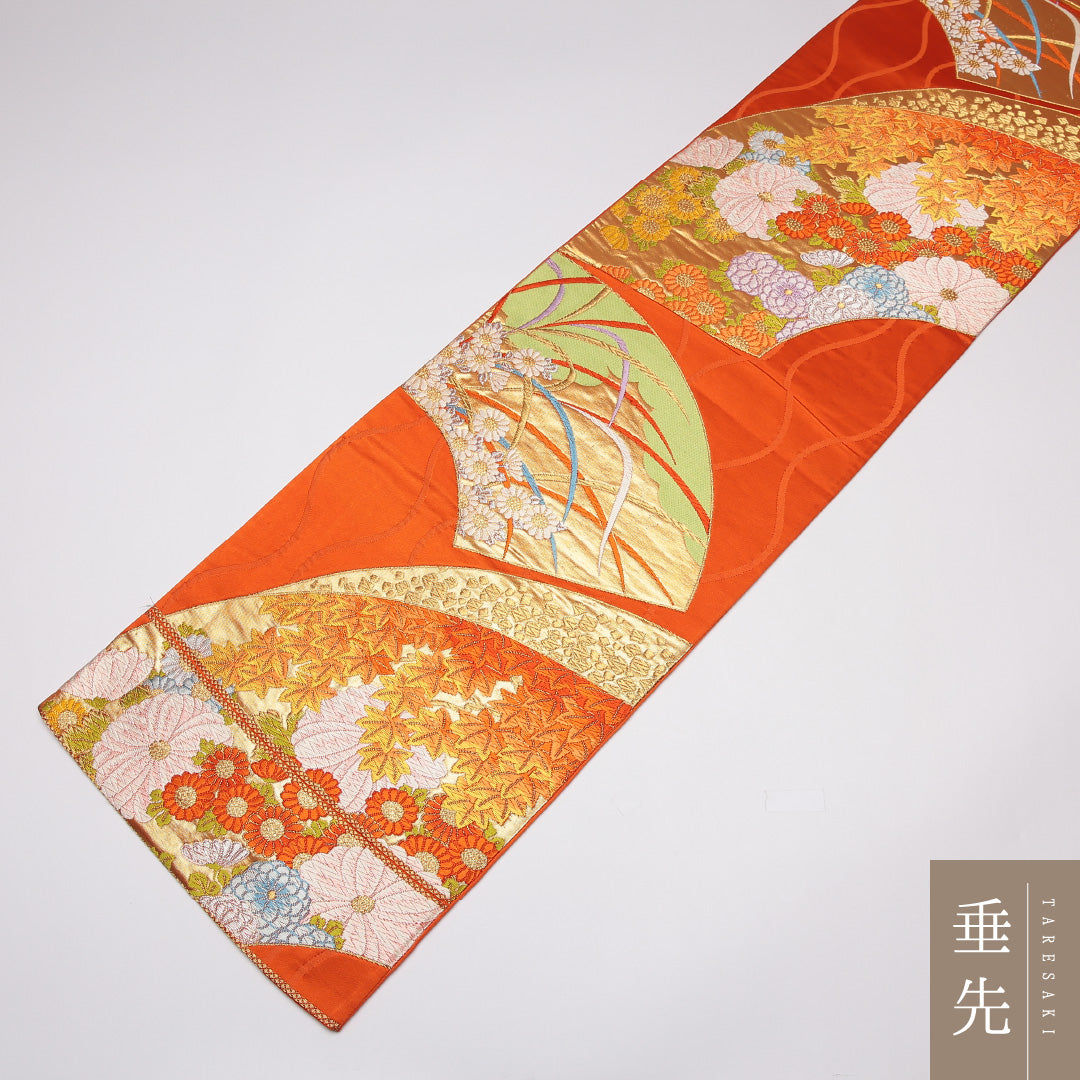 袋帯 帯丈420cm 六通 菊 紅葉 立涌 フォーマル 朱系 正絹 Aランク 1223-01195