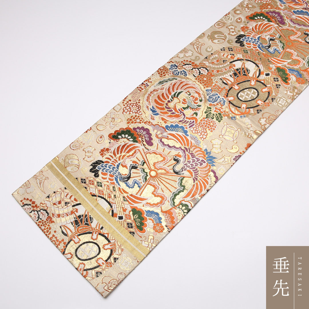 アンティーク 丸帯 帯丈412cm 正絹 全通 向かい鳥 鼓 丸文 クリーム系 1242-01055