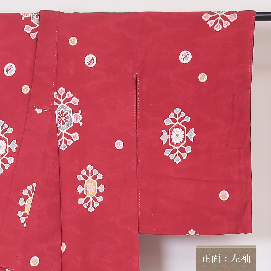 アンティーク 小紋 (錦紗) 袷 身丈147cm 裄丈62cm 正絹 Cランク 紋意匠 (吉祥文様) バチ衿 XSサイズ 花菱 赤系 RP 1221-02114