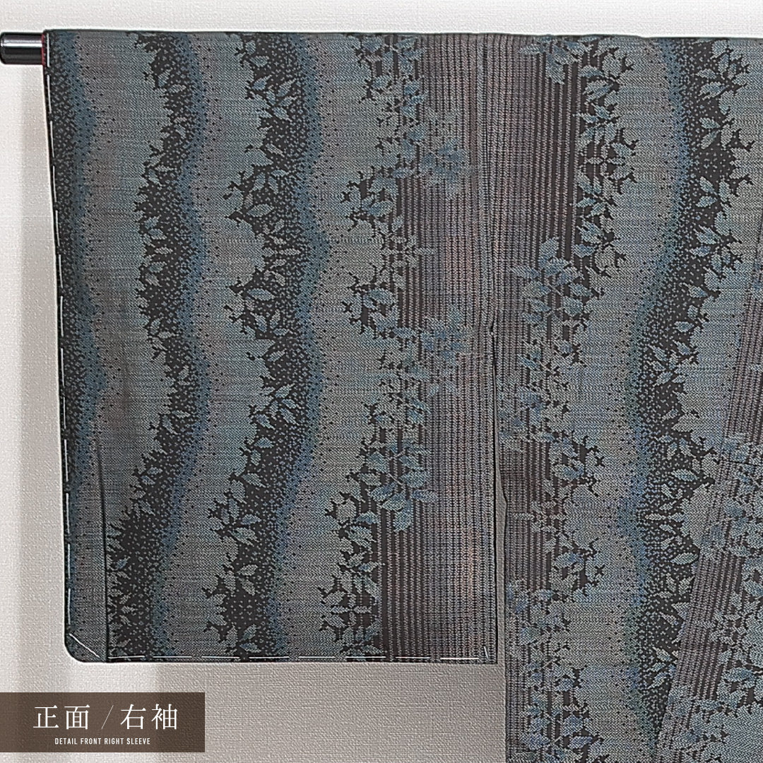 未使用品 大島紬 袷 身丈166cm 裄丈64cm 正絹 Nランク インフォーマル 広衿 XLサイズ しつけ糸 植物柄 グレー系 RP 1223-14897