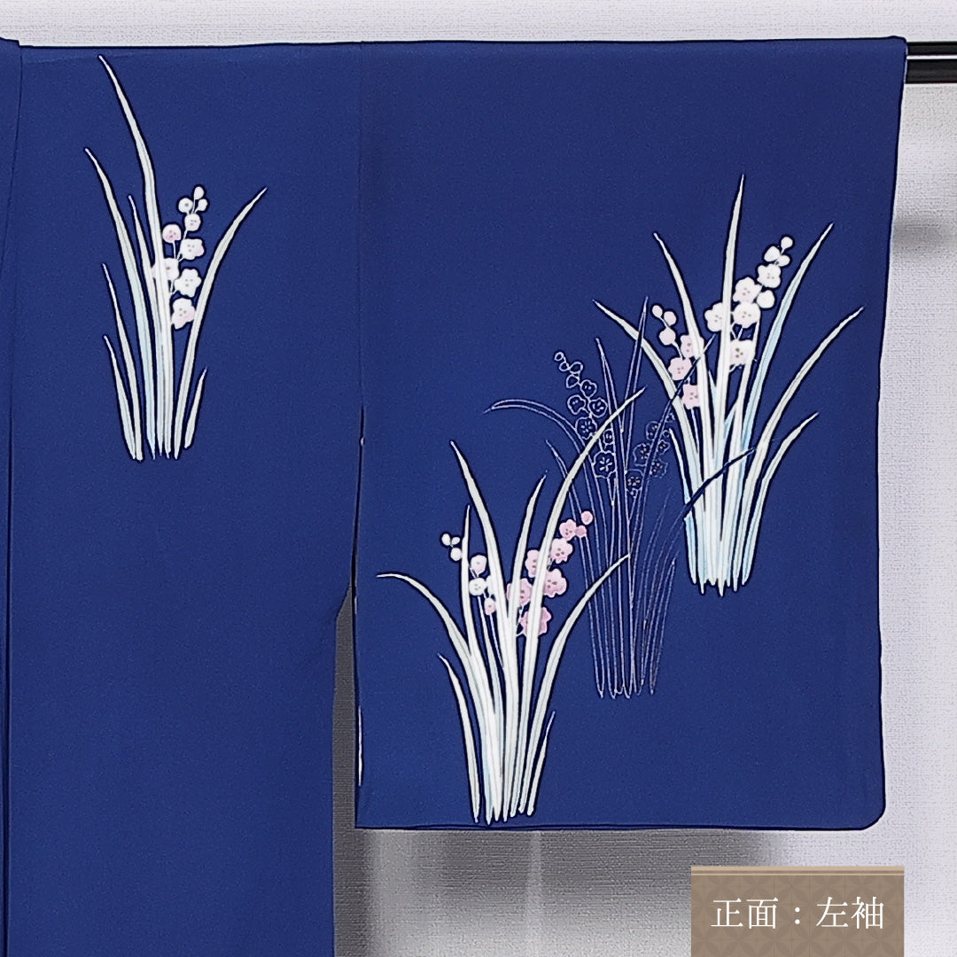 付下げ 袷 身丈157cm 裄丈63cm 正絹 Sランク インフォーマル 広衿 Mサイズ 花柄 紺系 RP 1218-10361