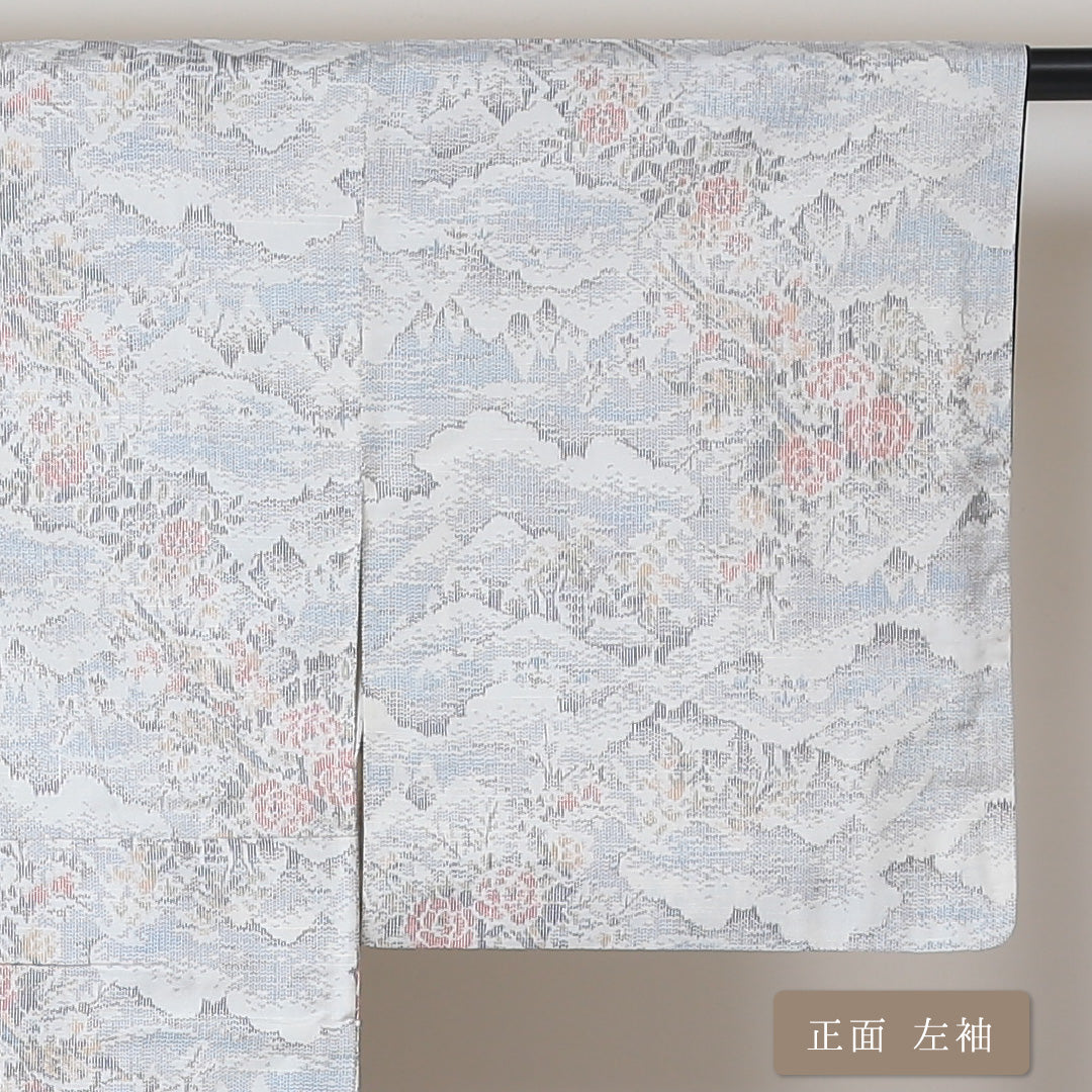 紬 袷 身丈156cm 裄61cm 正絹 白系 Sランク 真綿紬 花柄 山 雲取 1216-00572-2311 1216-00572