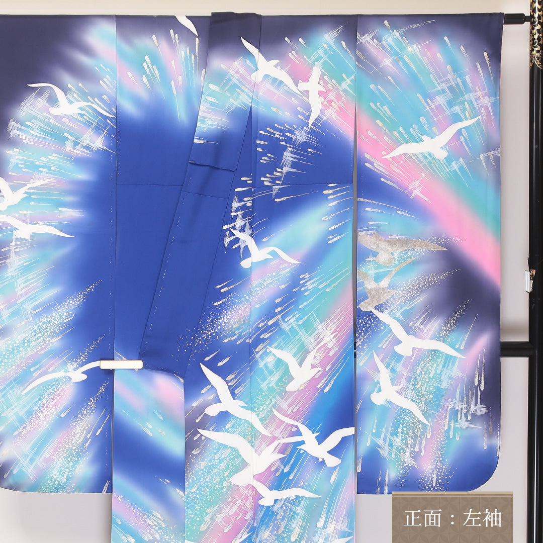 振袖 身丈162cm 裄丈65cm Aランク 袷 正絹 広衿 金彩 尾長鳥 モダン 1213-F0069
