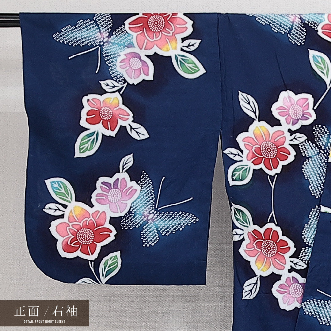 浴衣 夏物 洗える着物 身丈148cm 裄丈65cm Aランク 木綿 バチ衿 XSサイズ カジュアル 花柄 可憐 落ち着き 紺系 1218-14277