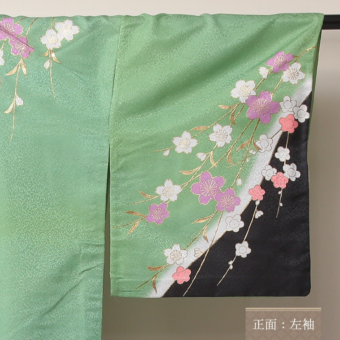 訪問着 単衣 身丈160~164cm 裄70cm ポリエステル 洗える着物 桜や梅 舞台用 緑系 Bランク 1212-00593