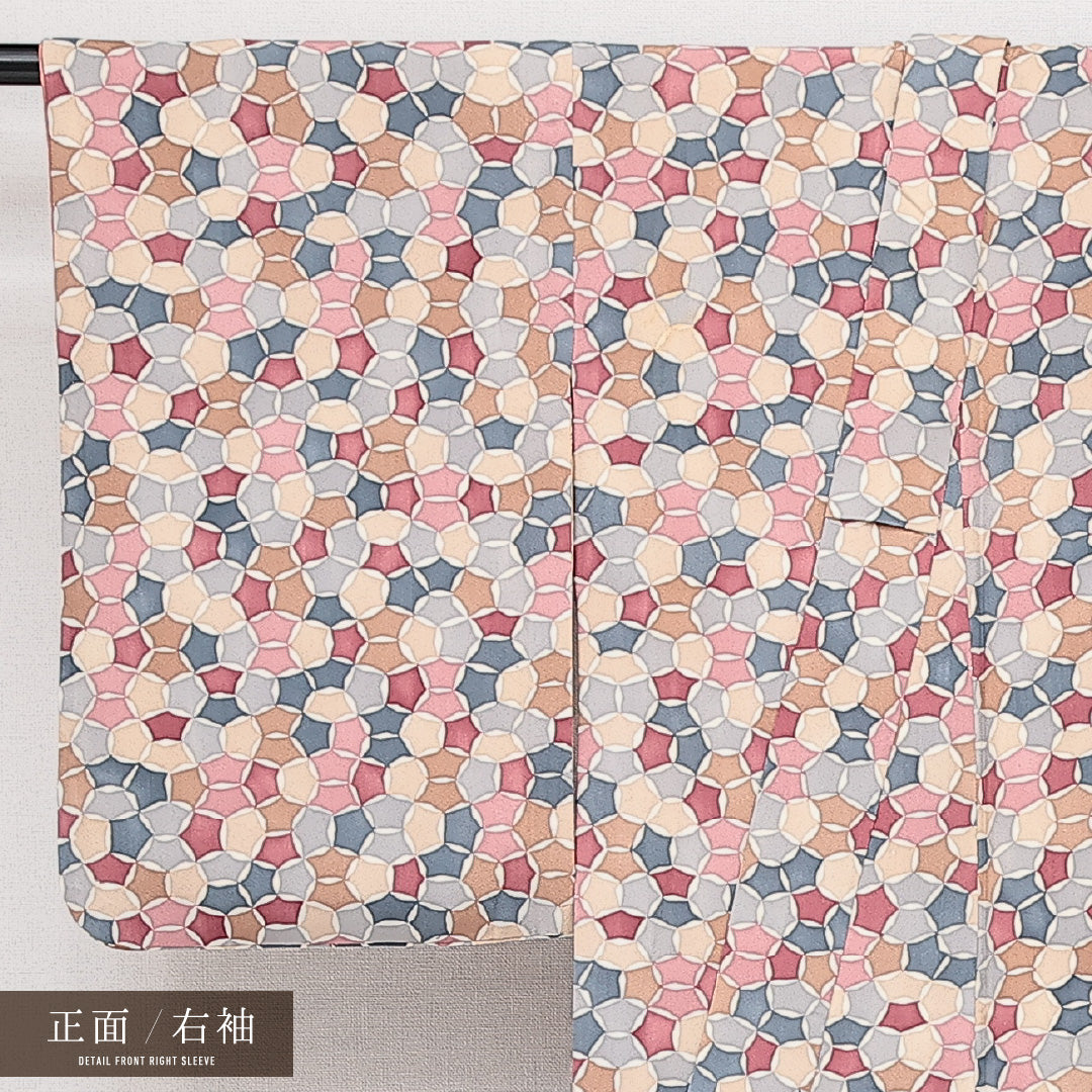 小紋 袷 身丈156cm 裄丈63cm 正絹 Aランク インフォーマル バチ衿 Mサイズ 七宝 多色系 RP 1221-14577