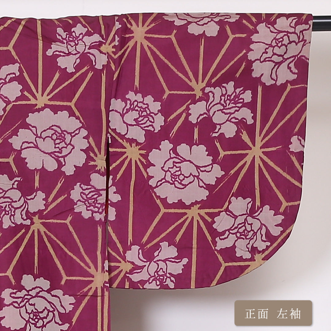 アンティーク 銘仙の着物 袷 身丈149cm 裄丈63cm 正絹 Cランク バチ衿 XSサイズ 牡丹 紫系 PO 1223-03305