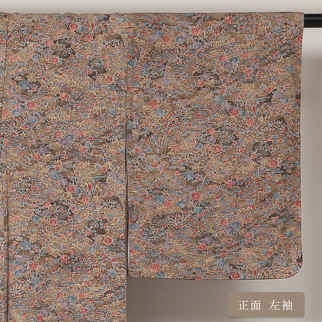 小紋 袷 身丈159cm 裄63cm 茶系 型染め 花柄 紅葉 正絹 Aランク 1215-01602-3314