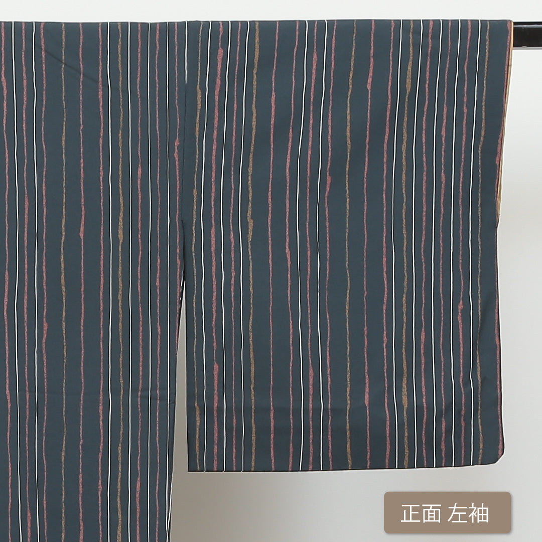 小紋 洗える着物 袷 身丈156cm 裄丈67cm ポリエステル Bランク Mサイズ 広衿 インフォーマル よろけ縞 紺系 緑系 1215-00971