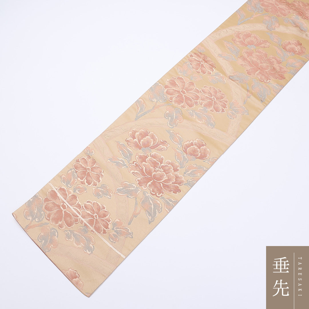袋帯 帯丈424cm 六通 牡丹 金糸 セミフォーマル 金系 正絹 Sランク 1223-00967