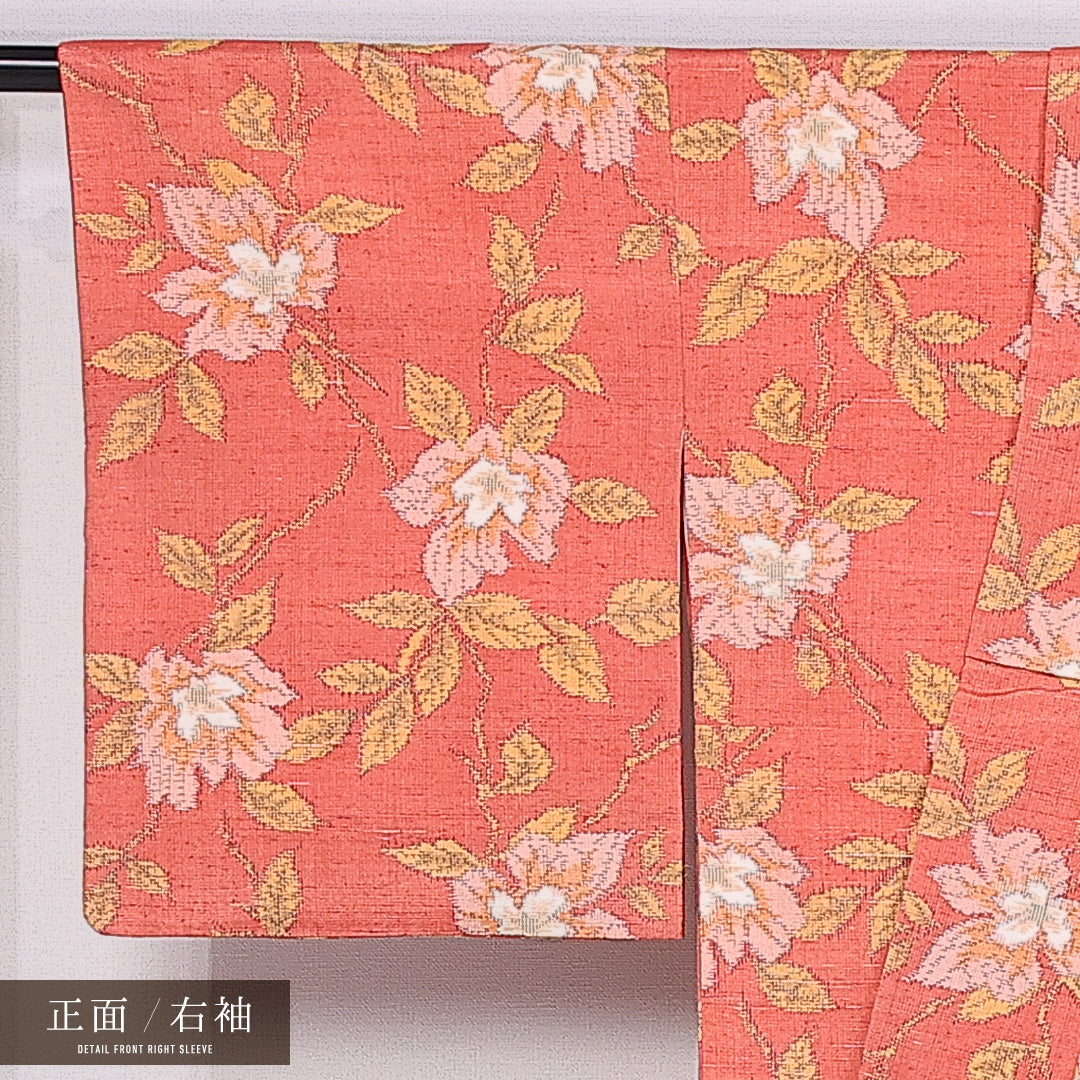 紬 袷 身丈152cm 裄丈63cm 正絹 Aランク カジュアル 広衿 Sサイズ 花柄 ピンク系 HP 1223-11023
