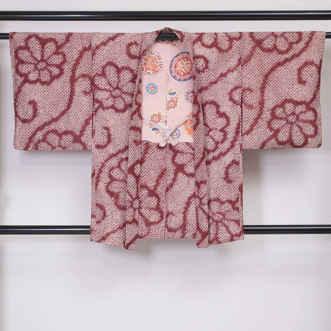 羽織 袷 身丈83cm 裄丈62cm 正絹 Aランク カジュアル Sサイズ 唐草 鹿の子柄 クリーム系 HP 1232-05810