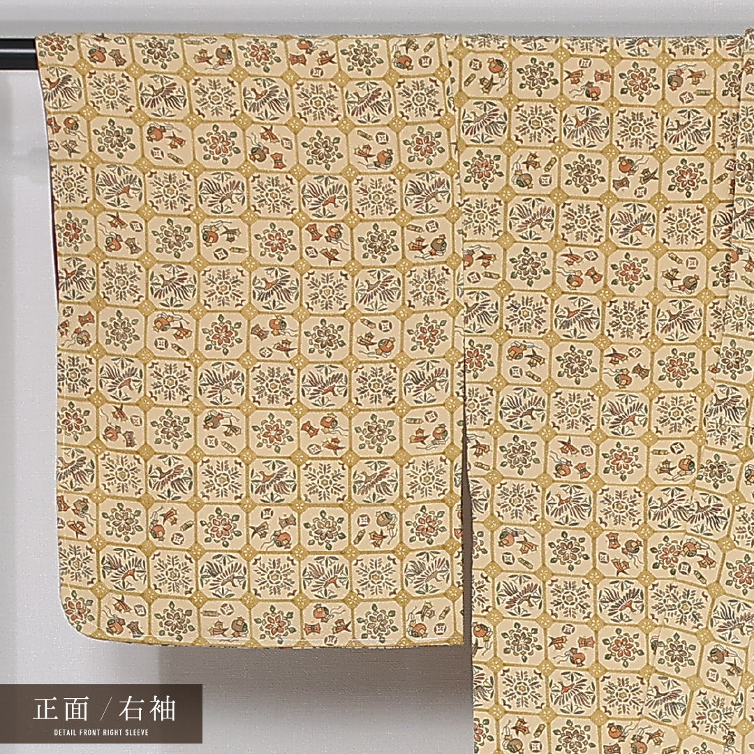 小紋 袷 身丈150cm 裄丈64cm 正絹 Aランク インフォーマル バチ衿 Sサイズ 金彩 蜀江 鳳凰 花鳥風月 黄系 HP 1221-11994