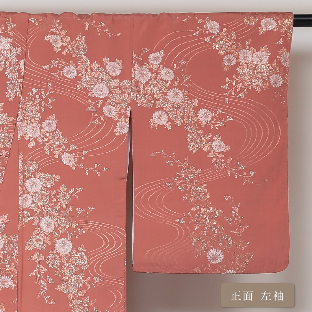 お召 袷 身丈156cm 裄65.5cm 正絹 流水 花柄 金糸 ピンク系 Aランク 1216-00588
