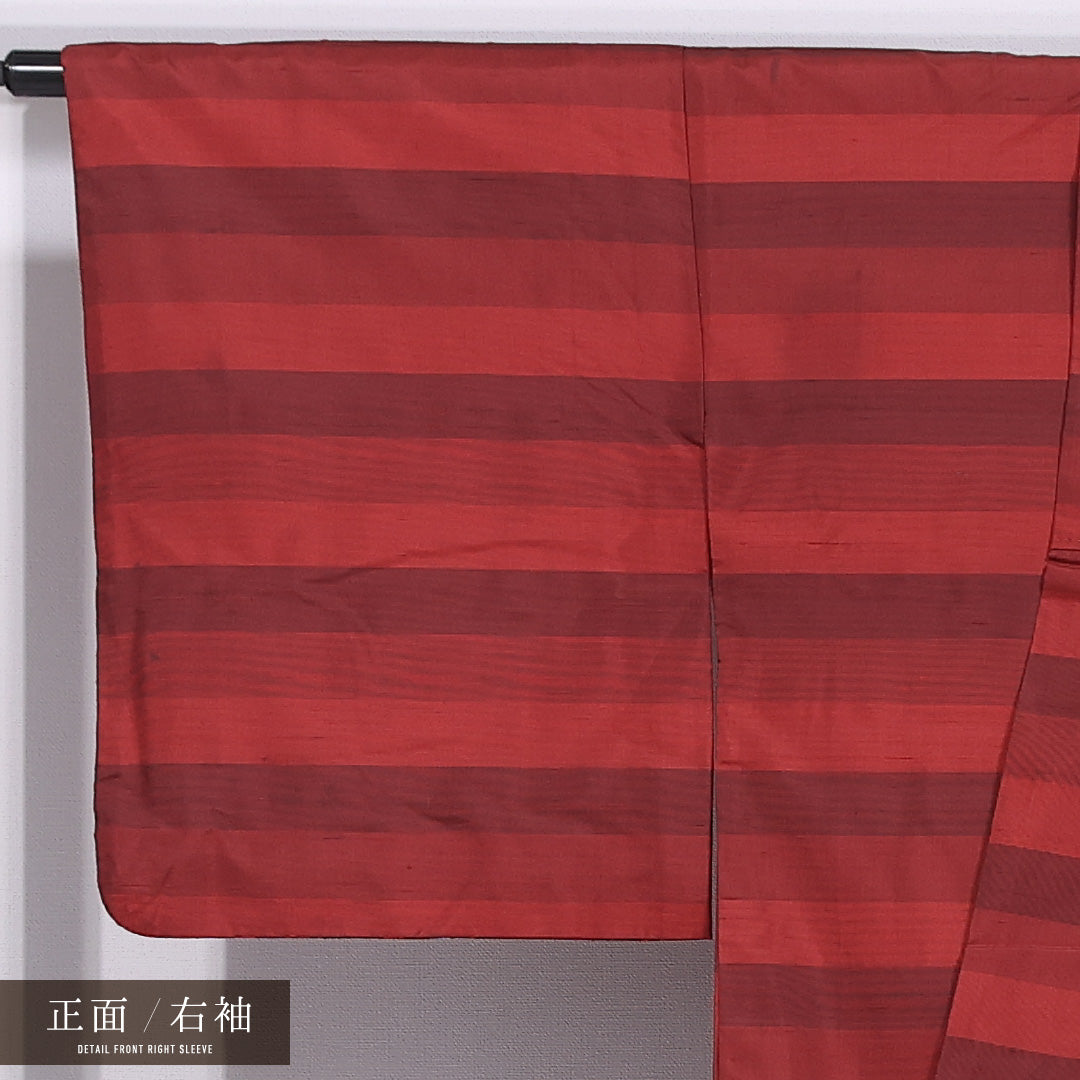 紬 袷 身丈160cm 裄丈66cm 正絹 Cランク カジュアル 広衿 Lサイズ 縞 赤系 HP 1223-11842