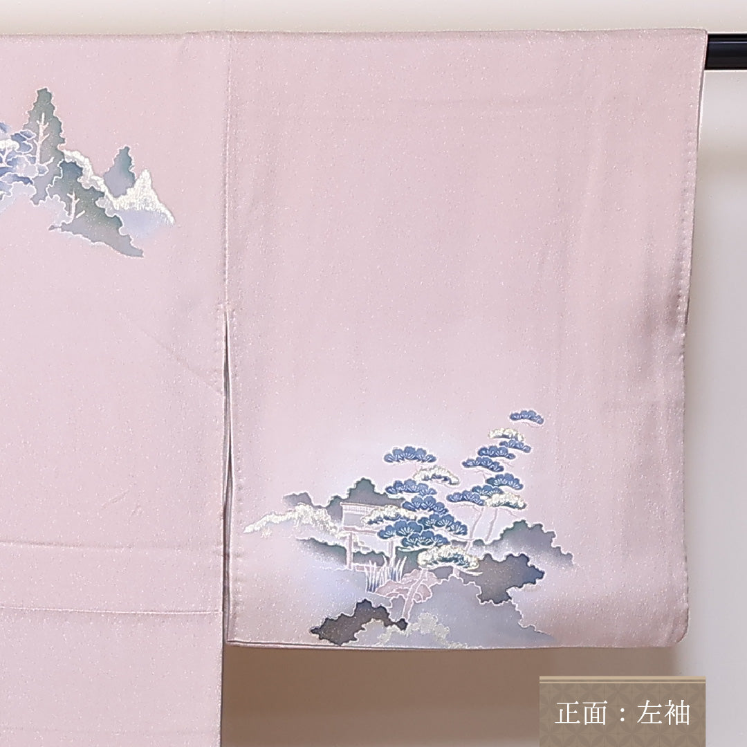 訪問着 袷 身丈156cm 裄丈64cm 正絹 Aランク セミフォーマル 広衿 Mサイズ 風景柄 ピンク系 RP 1217-04665