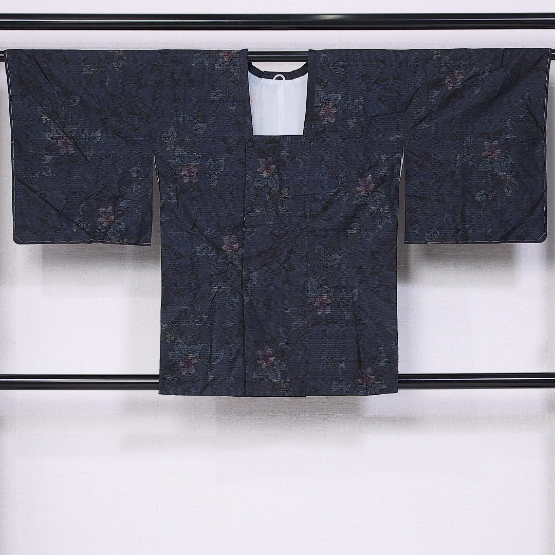 道行コート (大島紬) 袷 身丈82cm 裄丈64cm 正絹 Sランク インフォーマル Mサイズ 花柄 紺系 RP 1237-10798