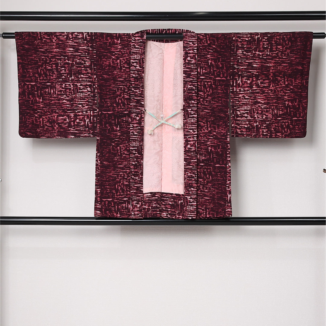 羽織 袷 身丈77cm 裄丈63cm 正絹 Aランク カジュアル Sサイズ 紐あり 創作柄 紫系 RP 1232-12721