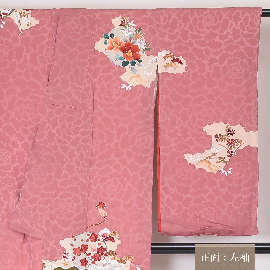 アンティーク 訪問着 (錦紗) 袷 身丈151cm 裄丈63cm 正絹 Aランク 紋意匠 (吉祥文様) 広衿 Sサイズ 花柄 吉祥文様 ピンク系 RP 1217-04501