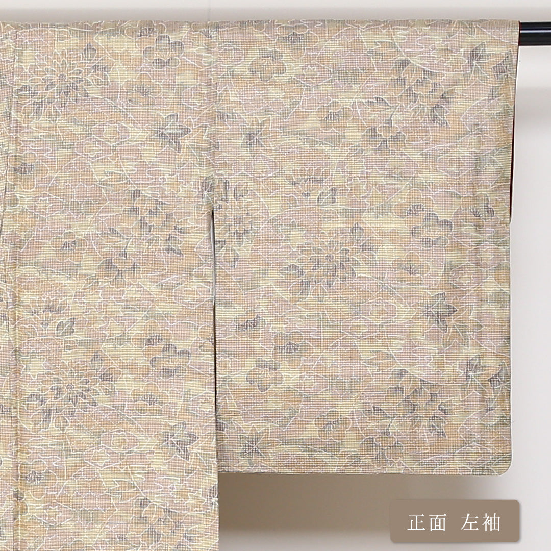 紬 袷 身丈156cm 裄丈62cm 正絹 Sランク カジュアル バチ衿 Mサイズ 花柄 植物柄 ベージュ系 RP 1223-03121