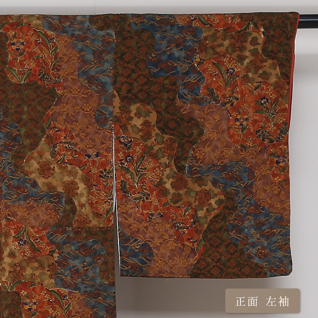 小紋 袷 身丈152cm 裄丈62cm 正絹 Sランク インフォーマル 広衿 Sサイズ 更紗 創作柄 茶系 RP 1221-01658