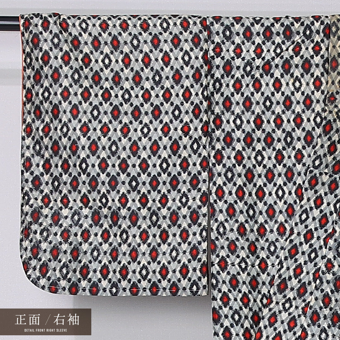 アンティーク 銘仙 身丈150cm 裄丈62cm Cランク S 正絹 袷 広衿 菱 グレー系 1216-12368