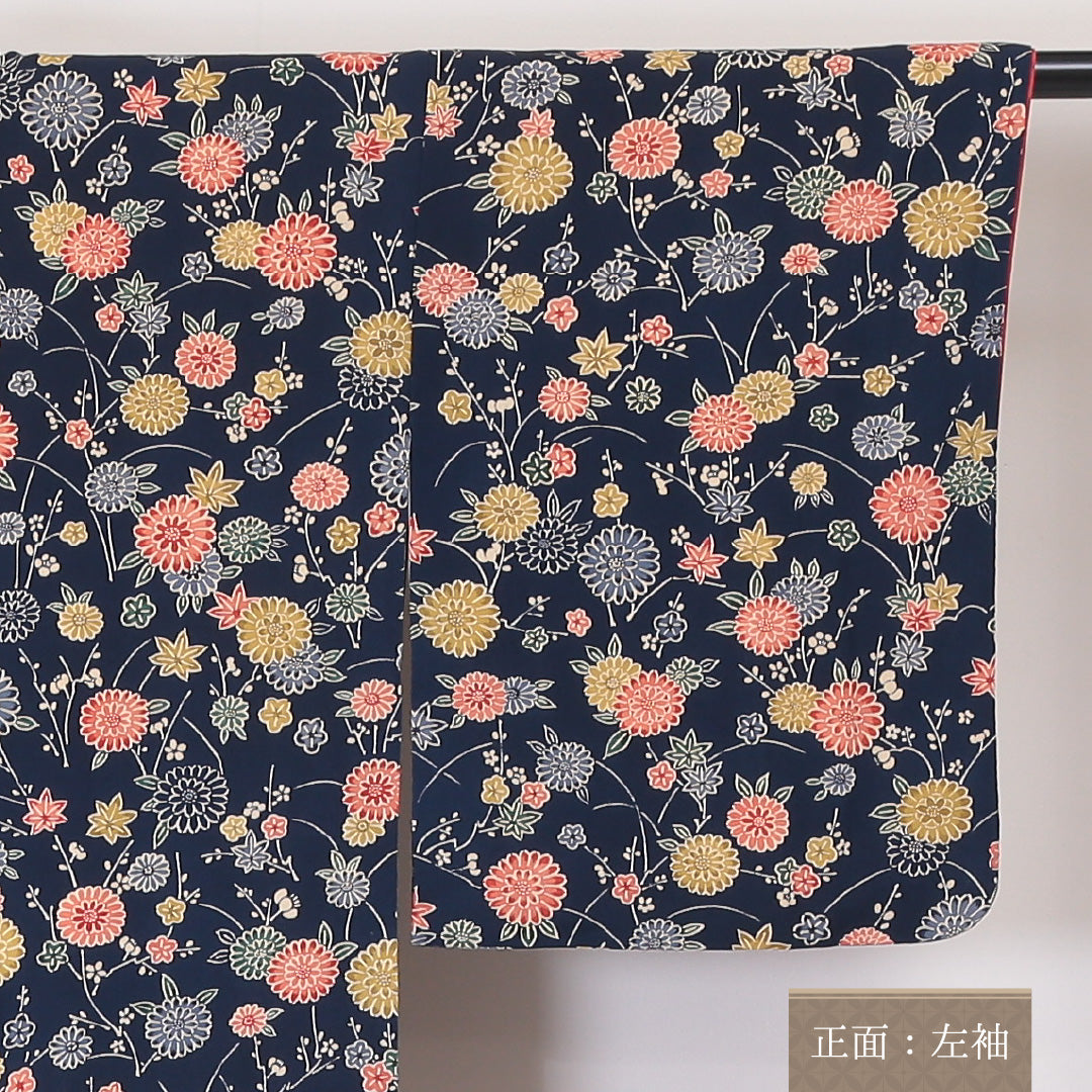 小紋 袷 身丈157cm 裄丈65cm 正絹 Sランク インフォーマル バチ衿 Mサイズ 菊 紅葉 紺系 RP 1221-02059
