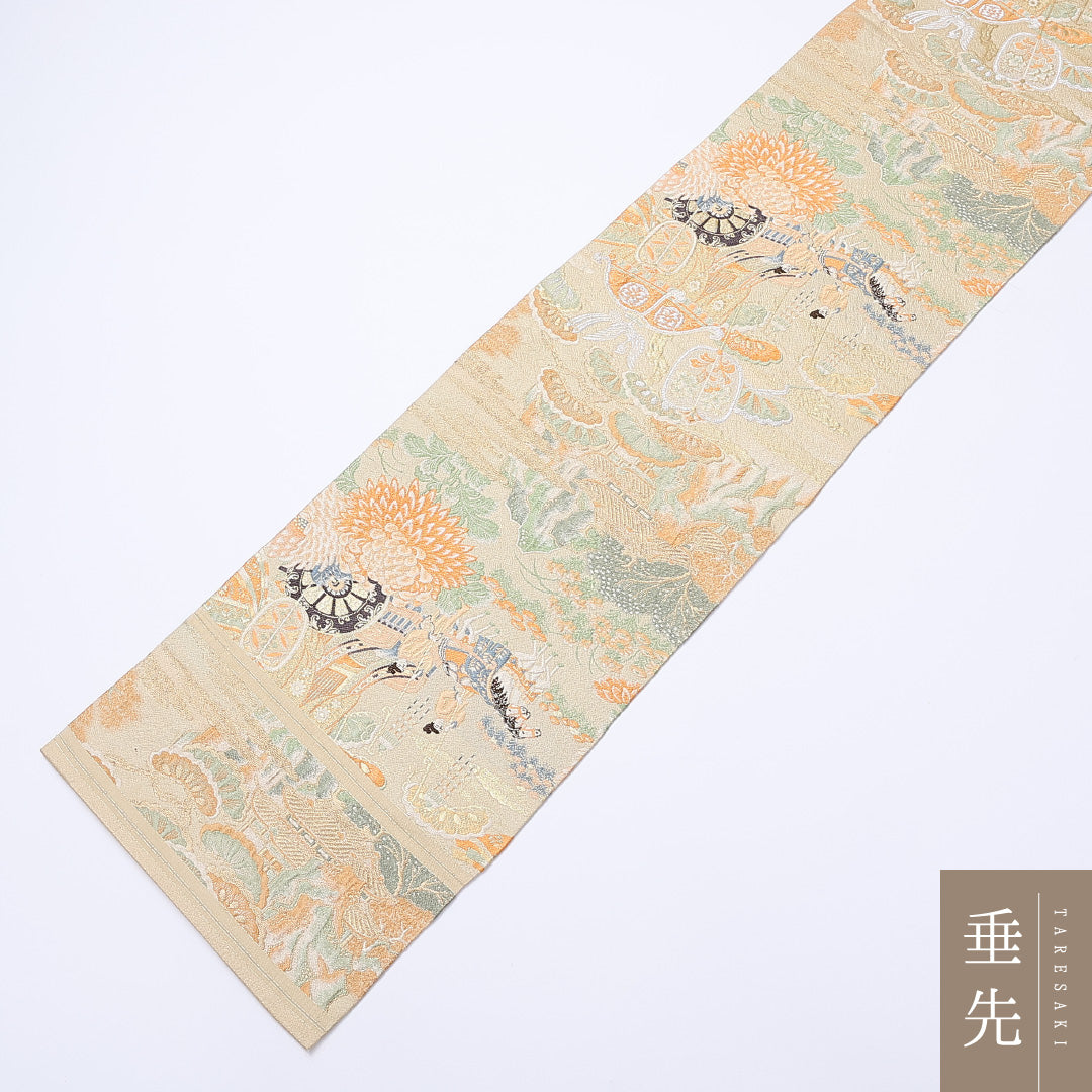 アンティーク 丸帯 帯丈408cm 正絹 全通 ふくれ織 御所車 平安絵巻 クリーム系 1242-00917