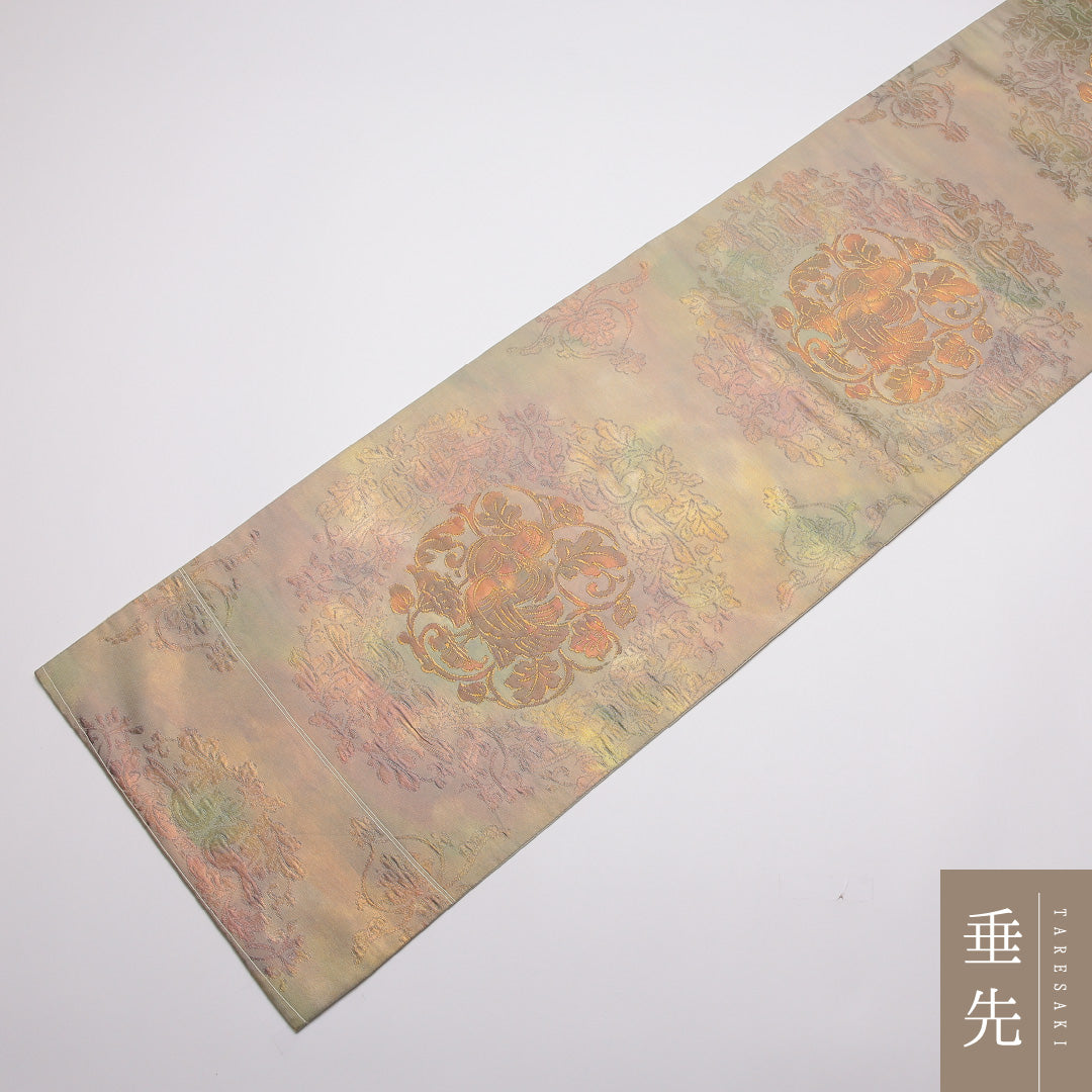 袋帯 帯丈434cm Sランク 全通 正絹 引箔 鳳凰 アラベスク セミフォーマル ベージュ系 鳳凰 1223-01396