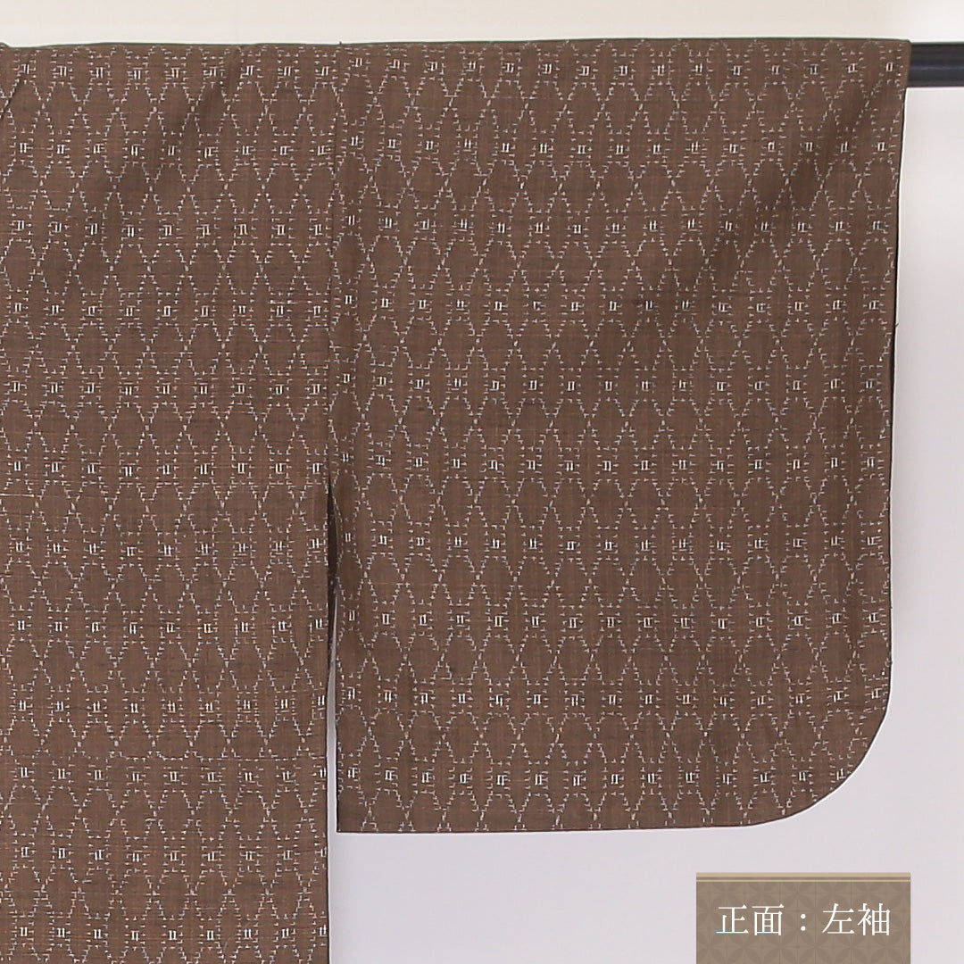 紬 単衣 身丈150cm 裄丈60cm 正絹 Aランク カジュアル 広衿 Sサイズ 居敷当て 立涌 茶系 HP 1223-03627