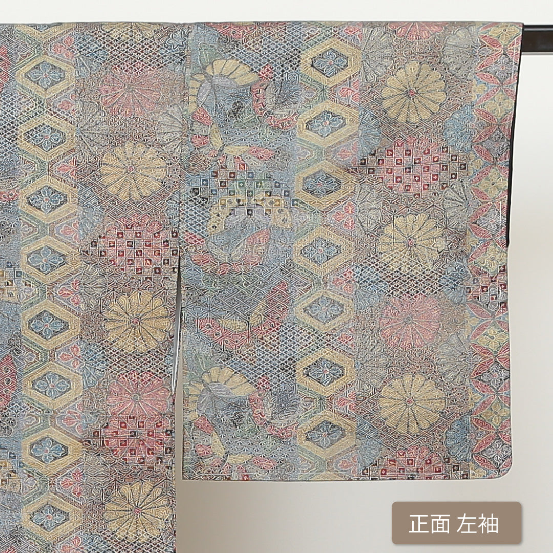 小紋 袷 身丈147cm 裄丈62cm 正絹 Sランク インフォーマル 広衿 XSサイズ 花鳥文 吉祥文様 青系 RP 1221-00967