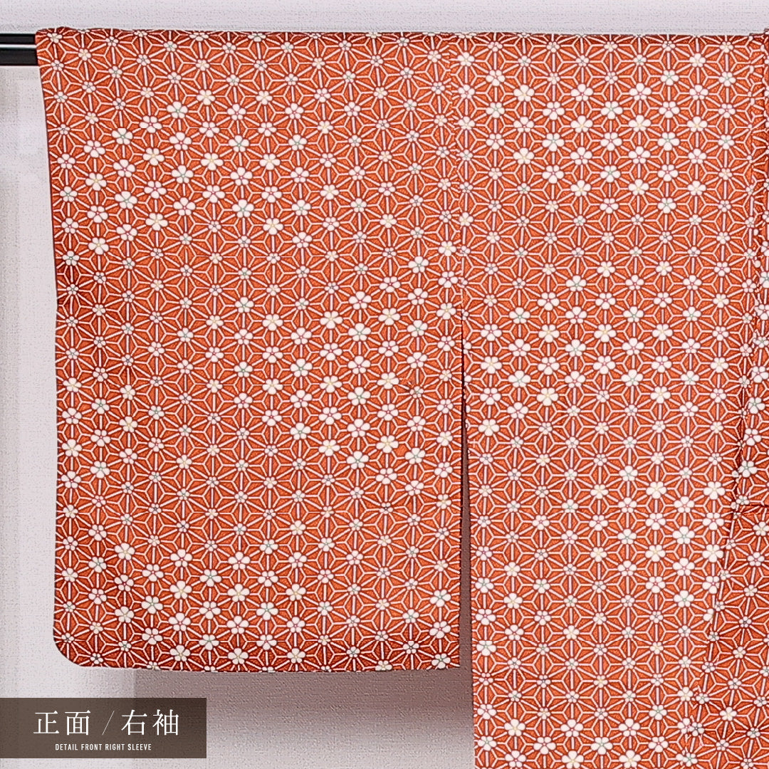 小紋 身丈162cm 裄丈64cm L 正絹 Aランク 袷 広衿 梅 麻の葉 レトロ 1215-11047