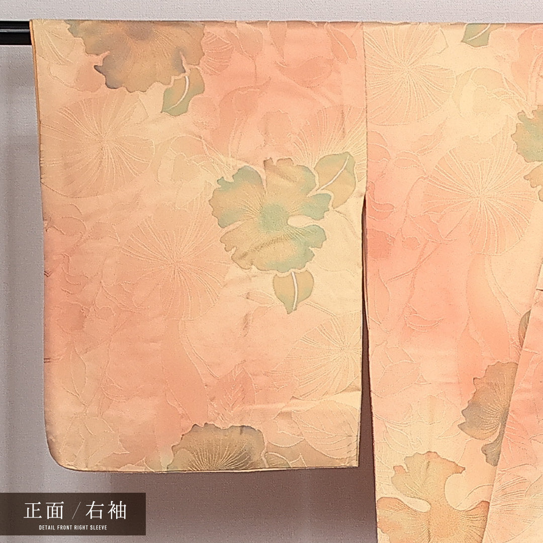 小紋 袷 身丈156cm 裄丈68cm 正絹 Sランク 紋意匠 (牡丹) インフォーマル 広衿 Mサイズ ぼかし染 花柄 黄系 RP 1221-14053