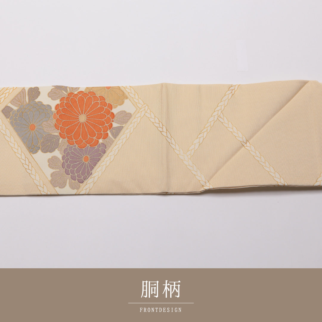 名古屋帯 ポイント柄 帯丈373cm カジュアル Sランク 正絹 笹 鶴 鼓 菱 菊 ベージュ系 1224-01762