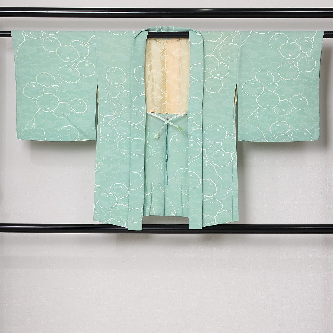 羽織 袷 身丈75cm 裄丈62cm 正絹 Aランク カジュアル Sサイズ 紐あり 菊 緑系 RP 1232-12864