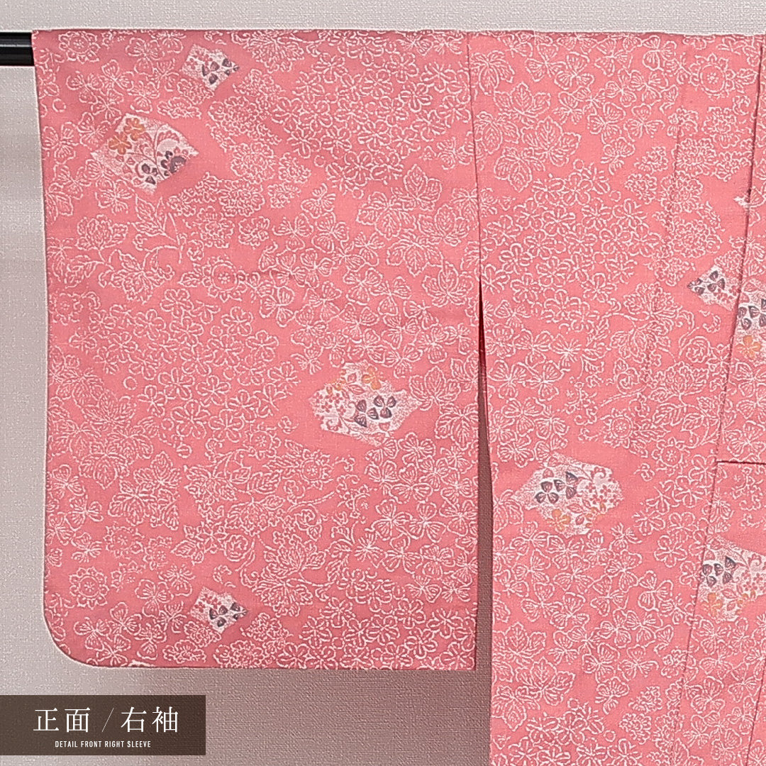 洗える着物 ウールの紬 単衣 身丈162cm 裄丈63cm ウール Sランク カジュアル バチ衿 Lサイズ 居敷当て 肩当て 梅 蔦 ピンク系 RP 1223-14355