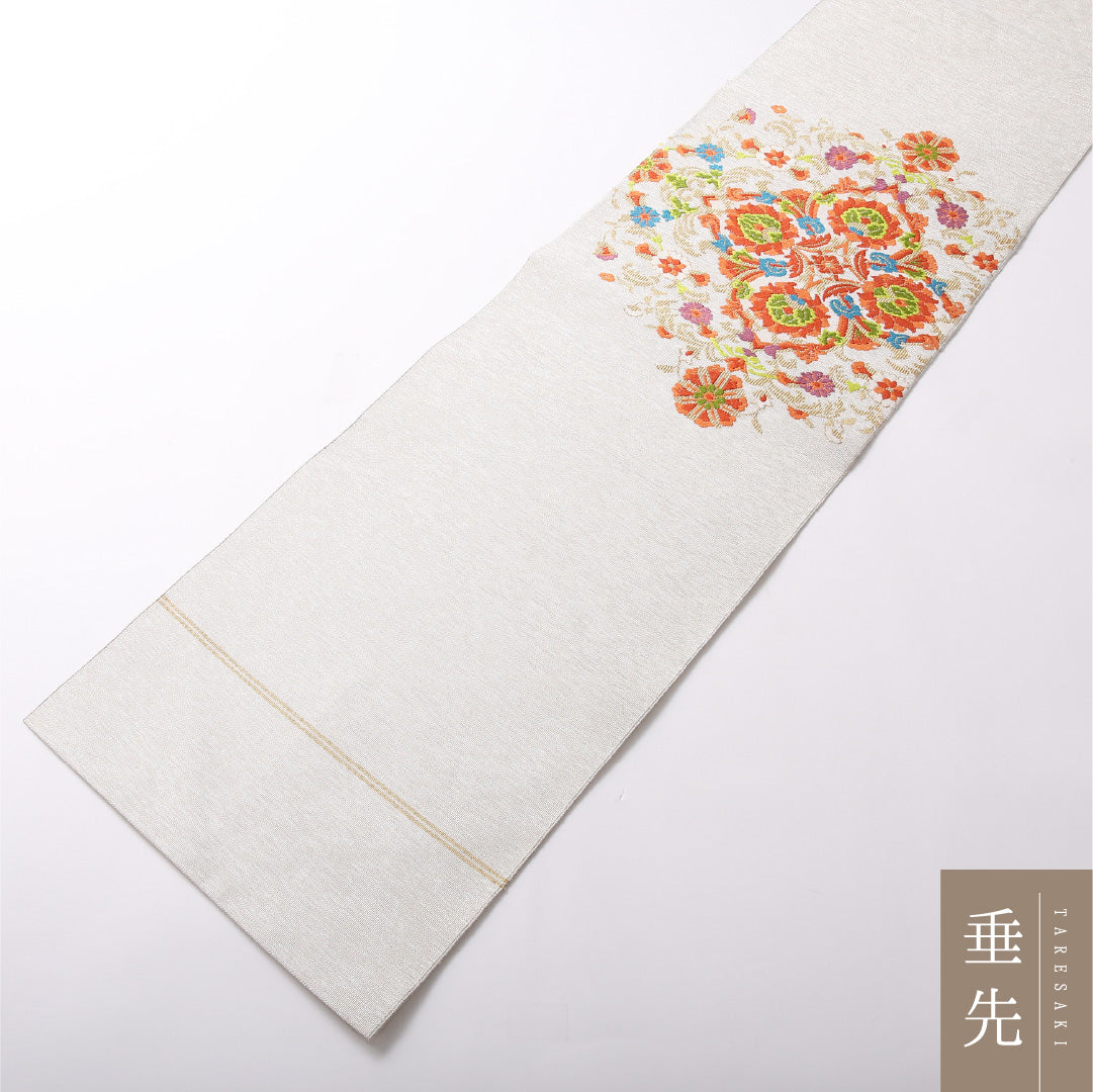 八寸名古屋帯 Sランク 帯丈362cm 正絹 ポイント柄 松葉仕立て 織り セミフォーマル リバーシブル 唐織 宝相華 銀系 RP 1245-03010