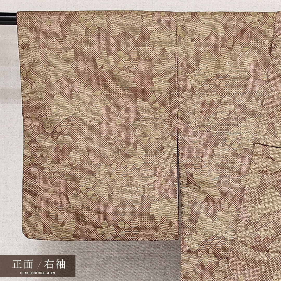 洗える着物 紬 袷 身丈156cm 裄丈64cm ポリエステル Sランク カジュアル 広衿 Mサイズ 葡萄 ベージュ系 RP 1223-14205