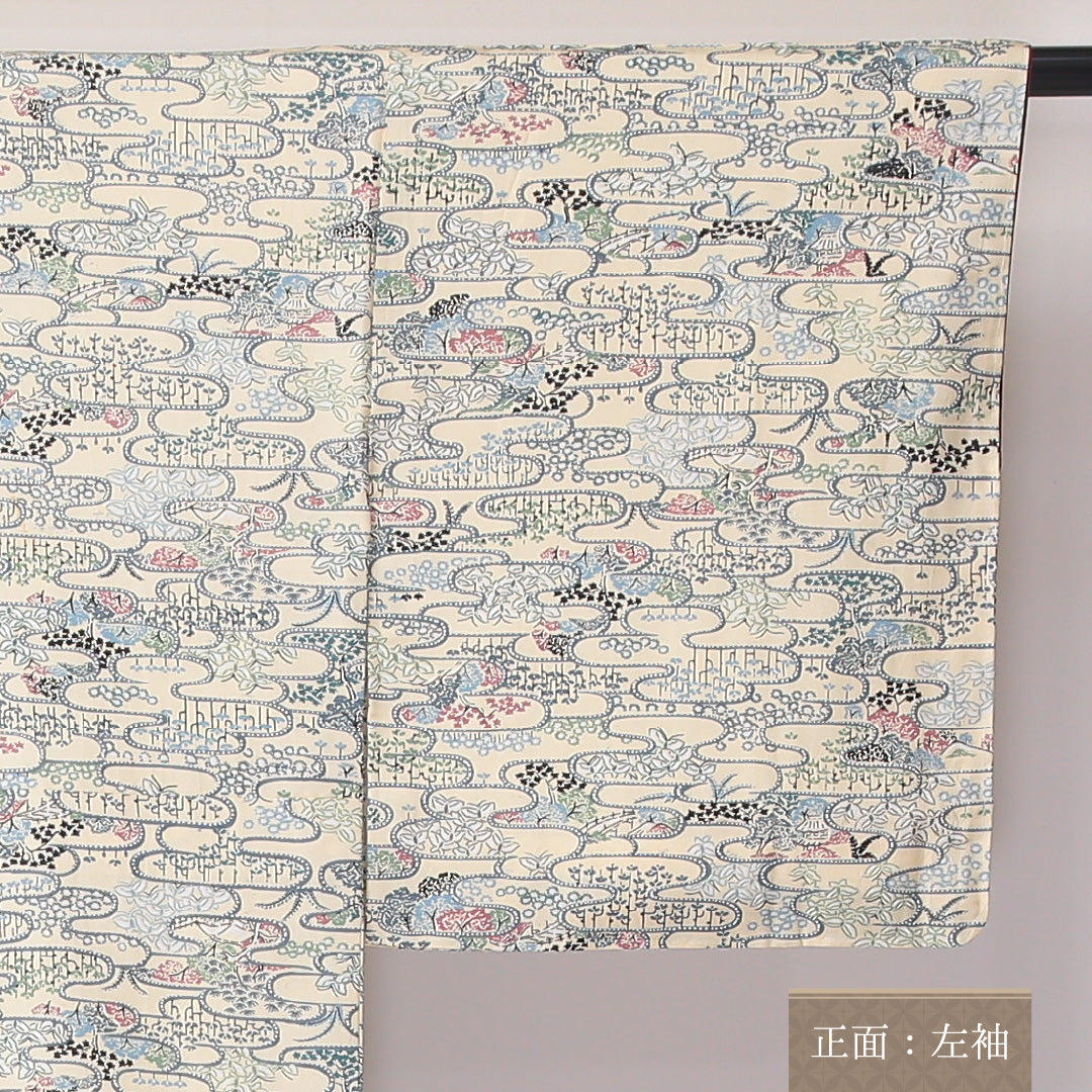 小紋 袷 身丈155cm 裄62.5cm ポリエステル 洗える着物 茶屋辻 クリーム系 Bランク 1215-02261