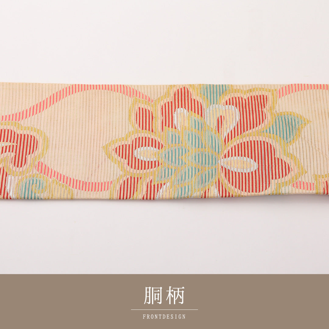 アンティーク 夏物 名古屋帯 六通 帯丈473cm Cランク 正絹 絽 宝相華 クリーム系 1224-02292