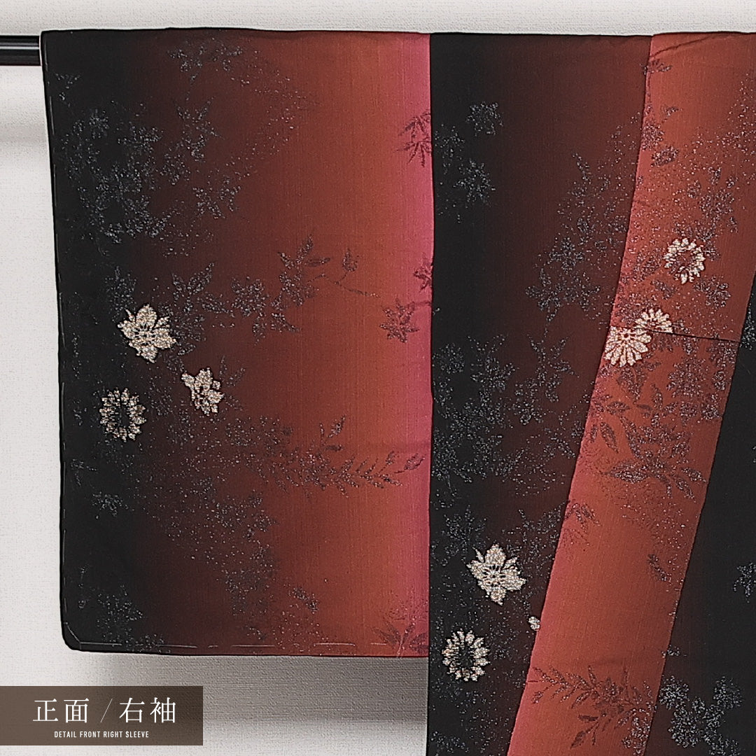 お召 袷 身丈147cm 裄丈60cm 正絹 Aランク インフォーマル 広衿 XSサイズ しつけ糸 菊 赤系 RP 1222-13653