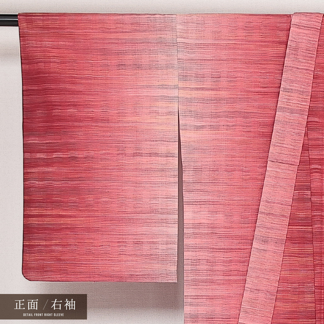 洗える着物 ウールの紬 単衣 身丈162cm 裄丈64cm ウール Sランク カジュアル バチ衿 Lサイズ 縞 赤系 RP 1223-13972