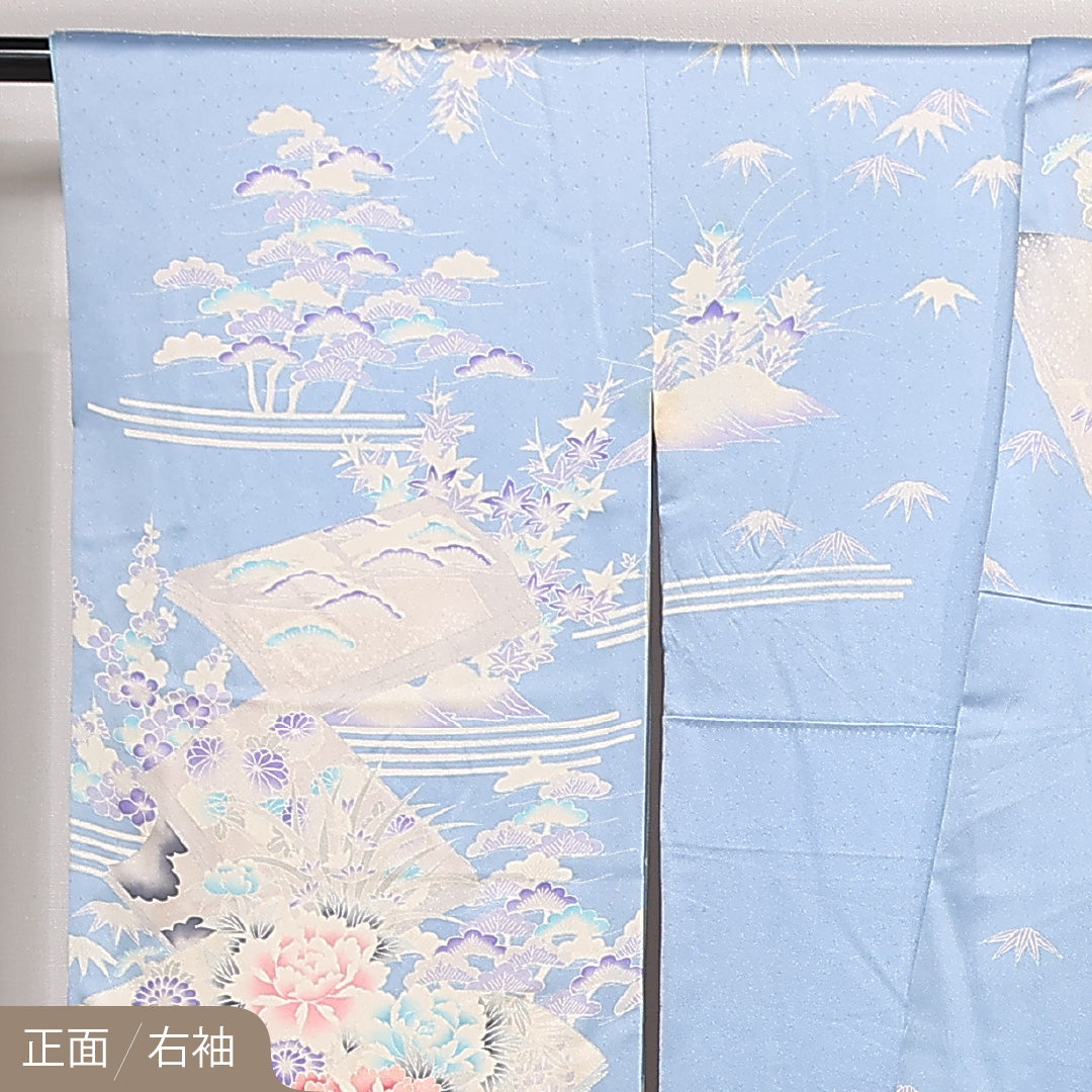 振袖 身丈165cm 裄丈66.5cm Aランク 正絹 袷 広衿 XL 銀駒刺繍 吉祥文様 牡丹 フォーマル 古典的 爽やか 水色系 1213-F0568