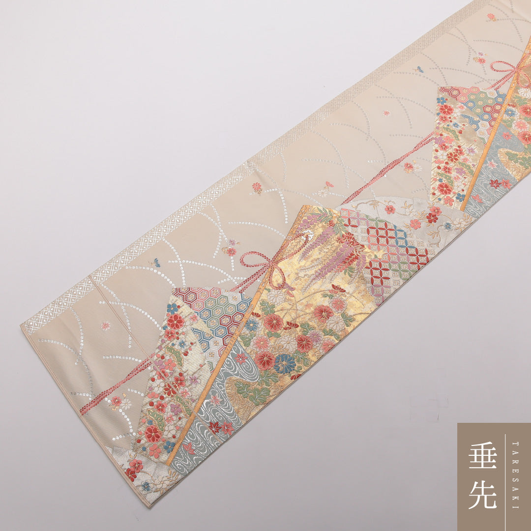 袋帯 帯丈446cm 正絹 六通 フォーマル 唐織 扇面文 吉祥文様 クリーム系 1243-01449