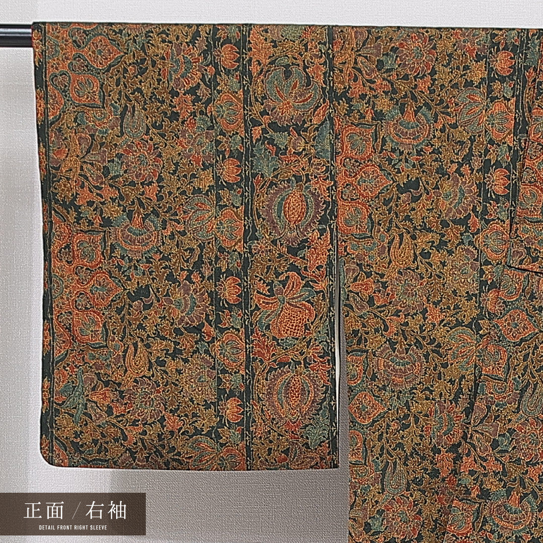 小紋 袷 身丈158cm 裄丈65cm 正絹 Aランク インフォーマル 広衿 Mサイズ 更紗文様 茶系 RP 1221-15621