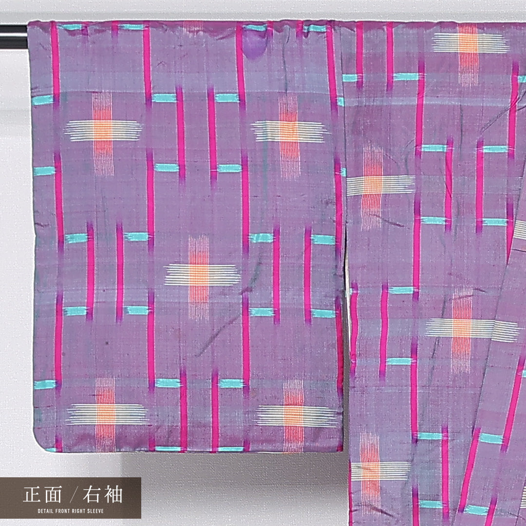 アンティーク 銘仙の着物 袷 身丈140cm 裄丈63cm 正絹 Aランク バチ衿 XSサイズ 幾何学柄 紫系 M4 1223-11958